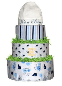 Blue, Grey, and White Diaper Cake