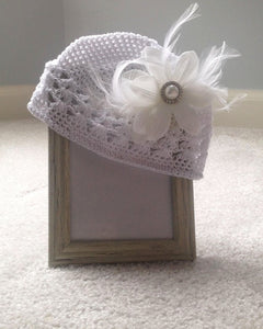 Hat- White Feathered Flower Clip w/ White Crotchet Headband