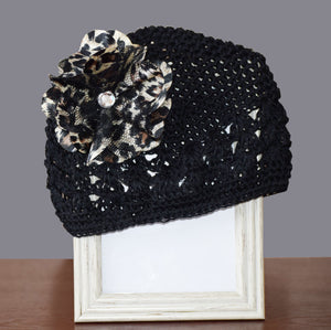 Hat-Black Crotchet Hat with Leopard Flower